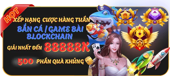 Banner khuyến mãi hoàn trả hàng tuần với biểu tượng tiền xu và mũi tên đi lên, thể hiện sự hoàn trả tiền cược cho người chơi